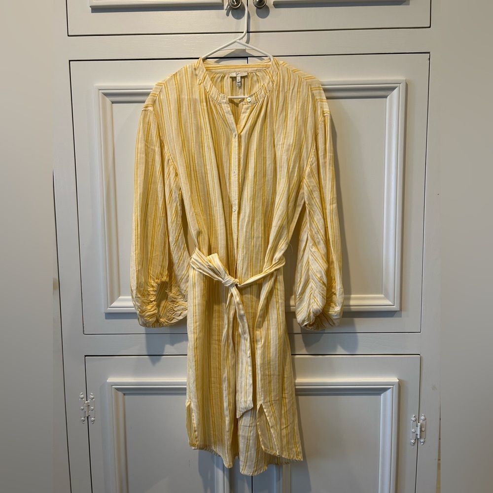 Yellow linen shirt dress with belt, size Medium.